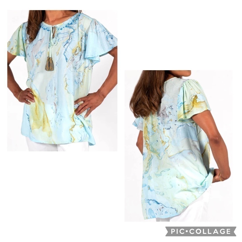 THE GREATER GOOD Women’s Blue Marble SEASHORE BREEZE Flutter Sleeve Tunic Top 1X